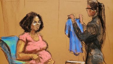 Jerhonda Pace pictured giving evidence on the first day of singer R Kelly's trial in New York 